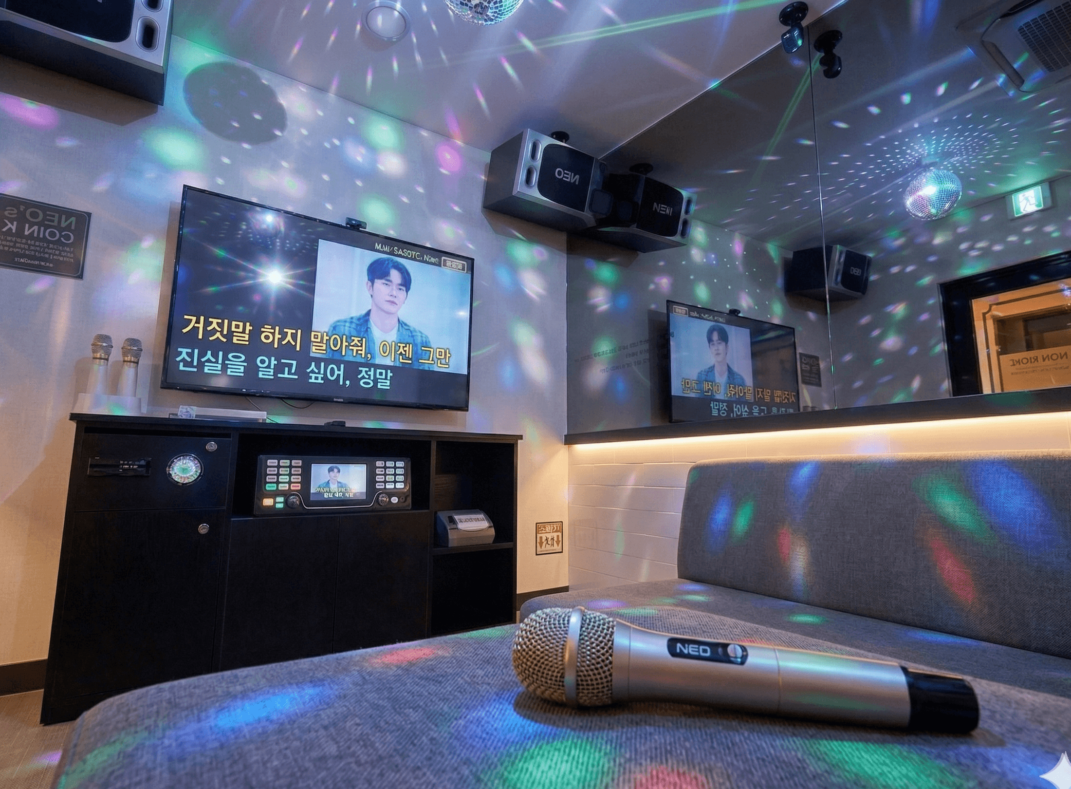 Korean noraebang room with disco lights